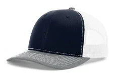 Tri-color snapback hat with navy front, white mesh back, and heather grey flat brim
