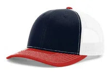 Tri-color baseball cap with navy blue front, white mesh back, and red curved brim with stitching