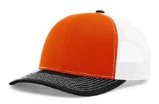 Orange front panel trucker hat with white mesh back and black textured curved brim