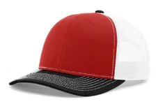 Red, white, and black tri-color baseball cap with mesh back and curved brim