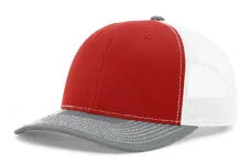 Tri-color baseball cap with red front, white mesh back, and heather grey curved brim