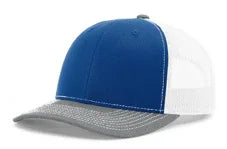 Tri-color trucker hat with royal blue front, white mesh back, and heather grey brim