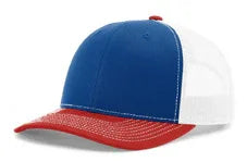 Tri-color royal blue red and white trucker baseball cap with red stitching on brim