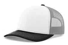 White and black aluminum trucker hat with mesh back and curved brim on white background