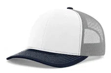 White aluminum front trucker cap with navy blue curved brim and grey mesh back