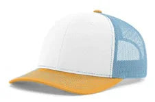 White and light blue mesh trucker hat with a yellow brim and button on top