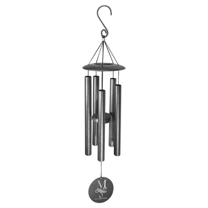 Black wind chime with hanging hook on a white background