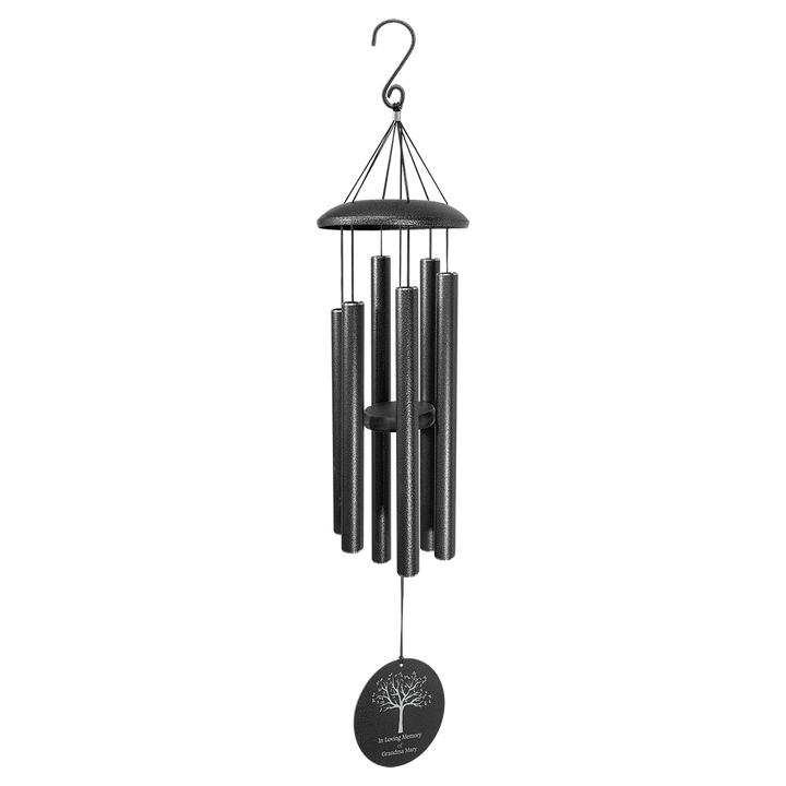 Black wind chime with hanging hook on a white background