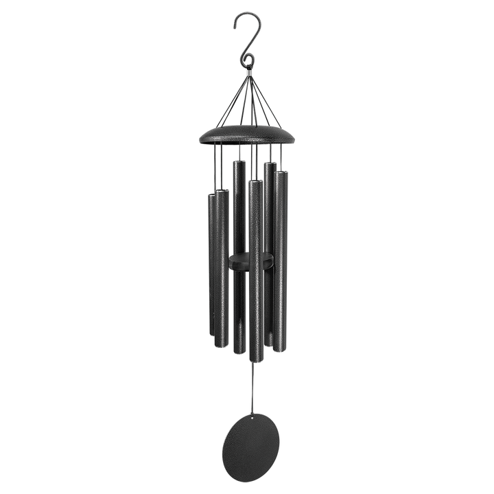 Black wind chime with hanging hook on a white background