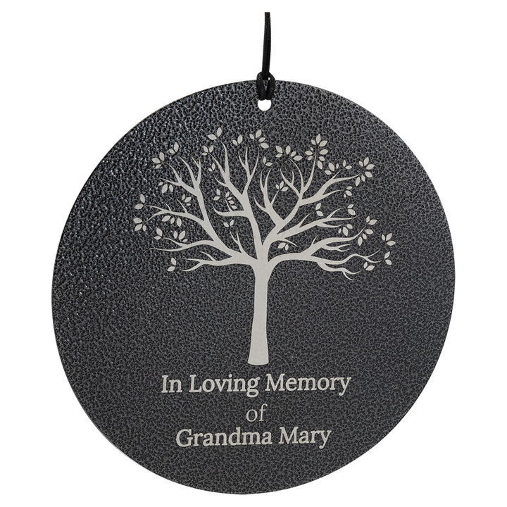 Memorial plaque with tree design and 'In Loving Memory of Grandma Mary' text on a white background