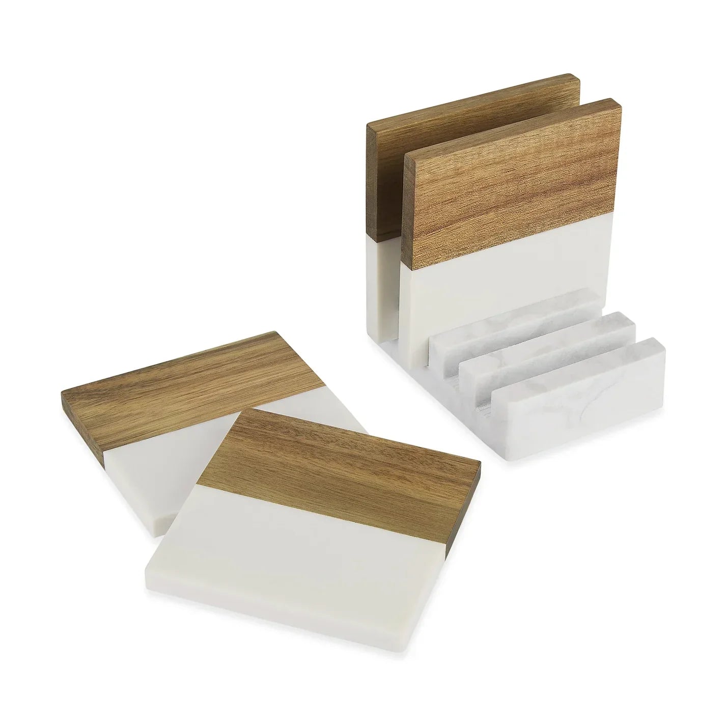 Two wooden and white business card holders on a white background