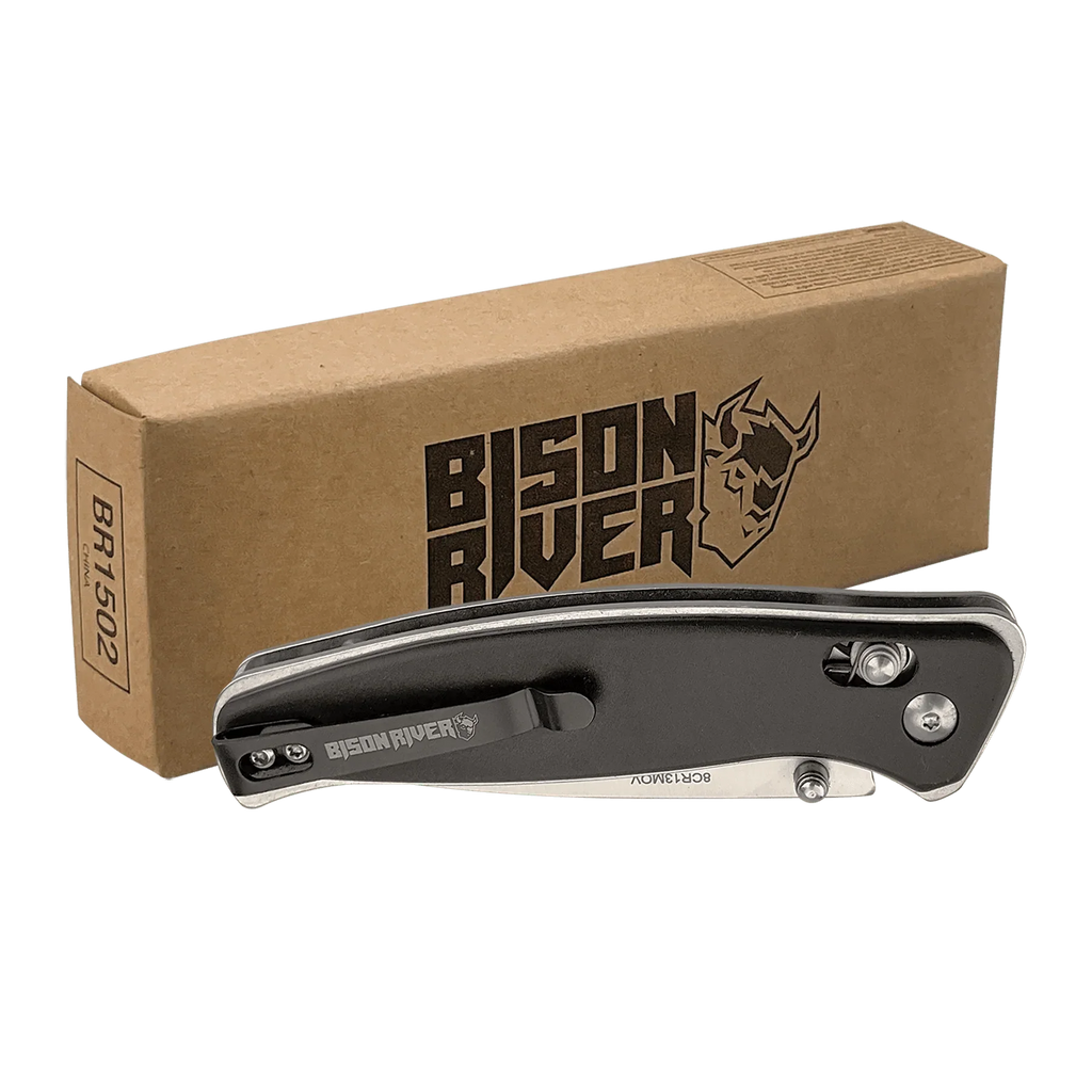 Bison River 4 1/2" Custom Engraved Black Button Lock Folding Knife with Pocket Clip by 1a7704-f3.myshopify.com – Knife