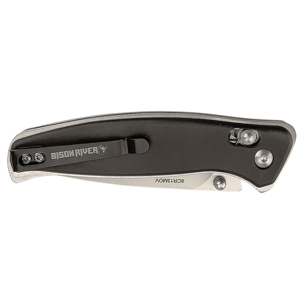 Bison River 4 1/2" Custom Engraved Black Button Lock Folding Knife with Pocket Clip by 1a7704-f3.myshopify.com – Knife