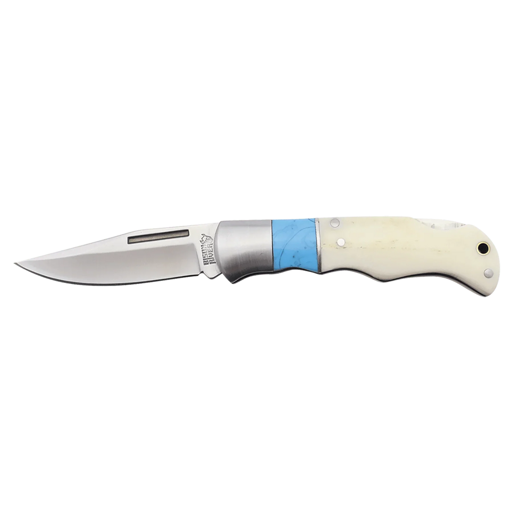Bison River 3 1/2" Custom Engraved Blue & Bone Folding Knife by 1a7704-f3.myshopify.com – Knife