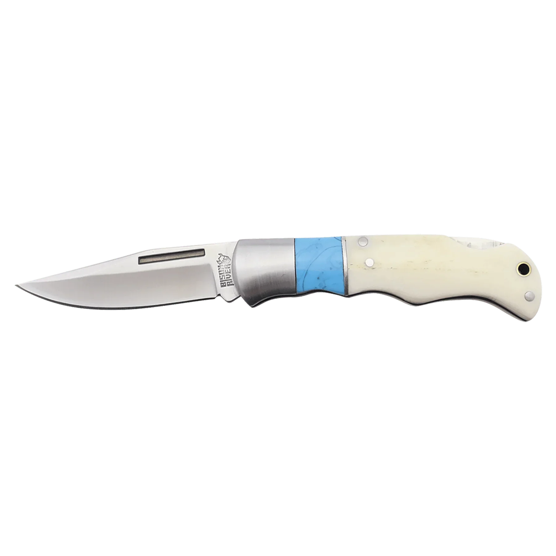 Bison River 3 1/2" Custom Engraved Blue & Bone Folding Knife by 1a7704-f3.myshopify.com – Knife