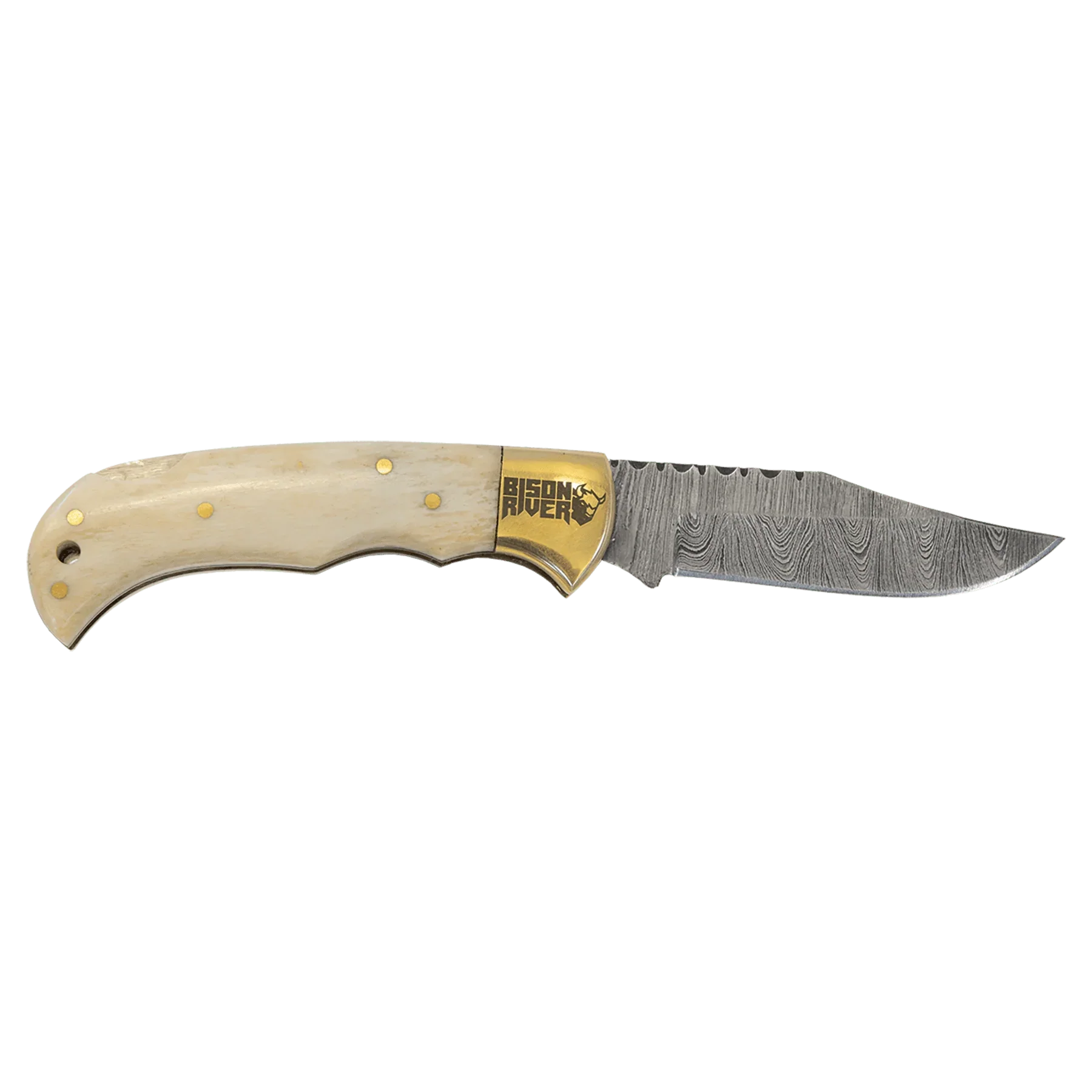 Bison River 3 3/4" Custom Engraved Bone Folding Knife with Damascus Steel Blade & Leather Sheath by 1a7704-f3.myshopify.com – Knife