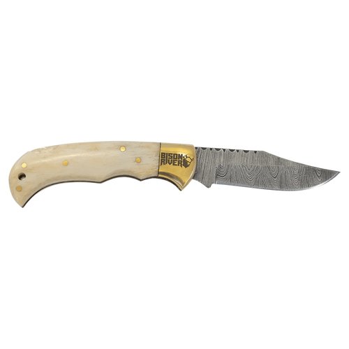 Bison River 3 3/4" Custom Engraved Bone Folding Knife with Damascus Steel Blade & Leather Sheath by 1a7704-f3.myshopify.com – Knife