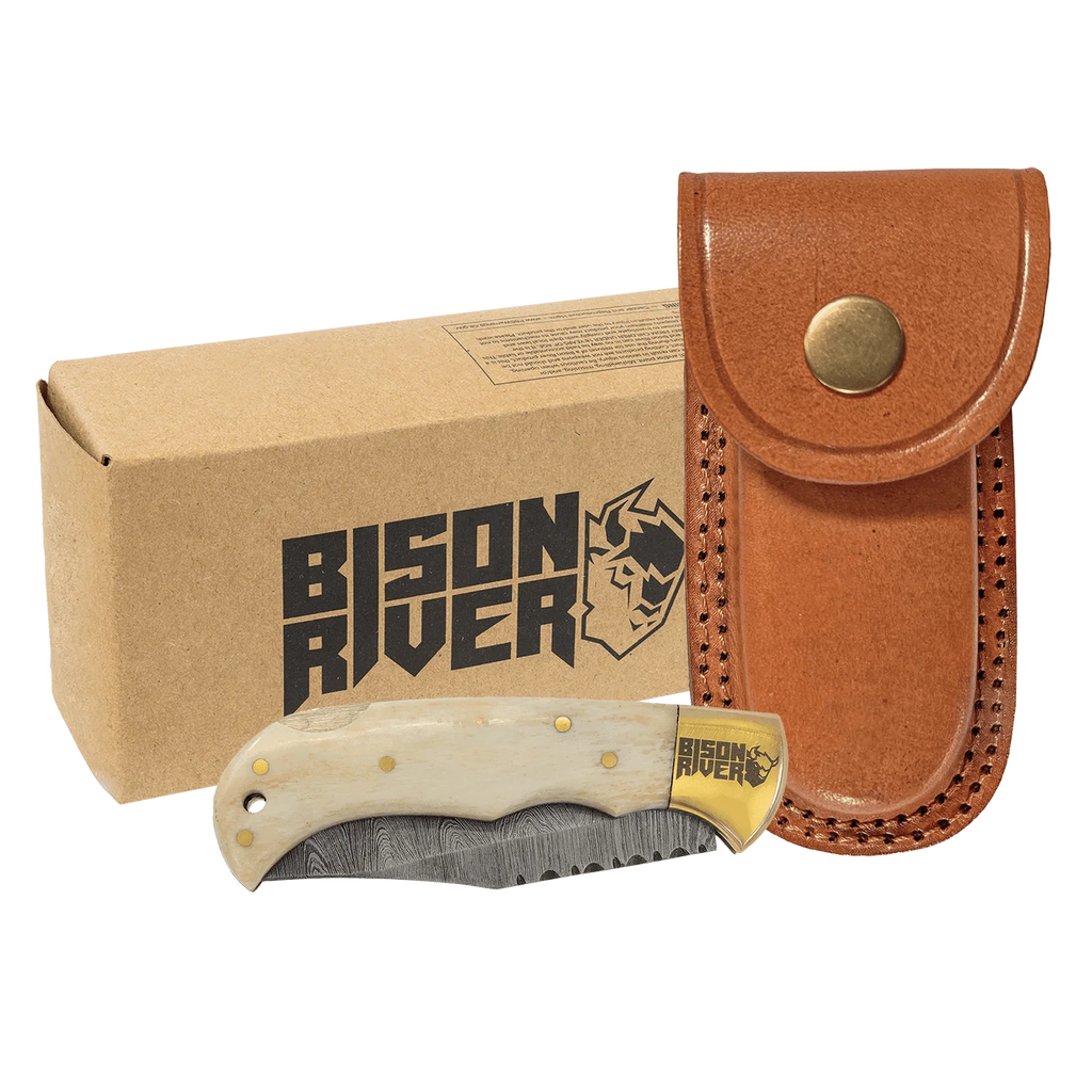Bison River 3 3/4" Custom Engraved Bone Folding Knife with Damascus Steel Blade & Leather Sheath by 1a7704-f3.myshopify.com – Knife