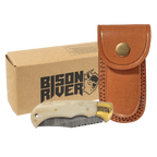 Bison River 3 3/4" Custom Engraved Bone Folding Knife with Damascus Steel Blade & Leather Sheath by 1a7704-f3.myshopify.com – Knife
