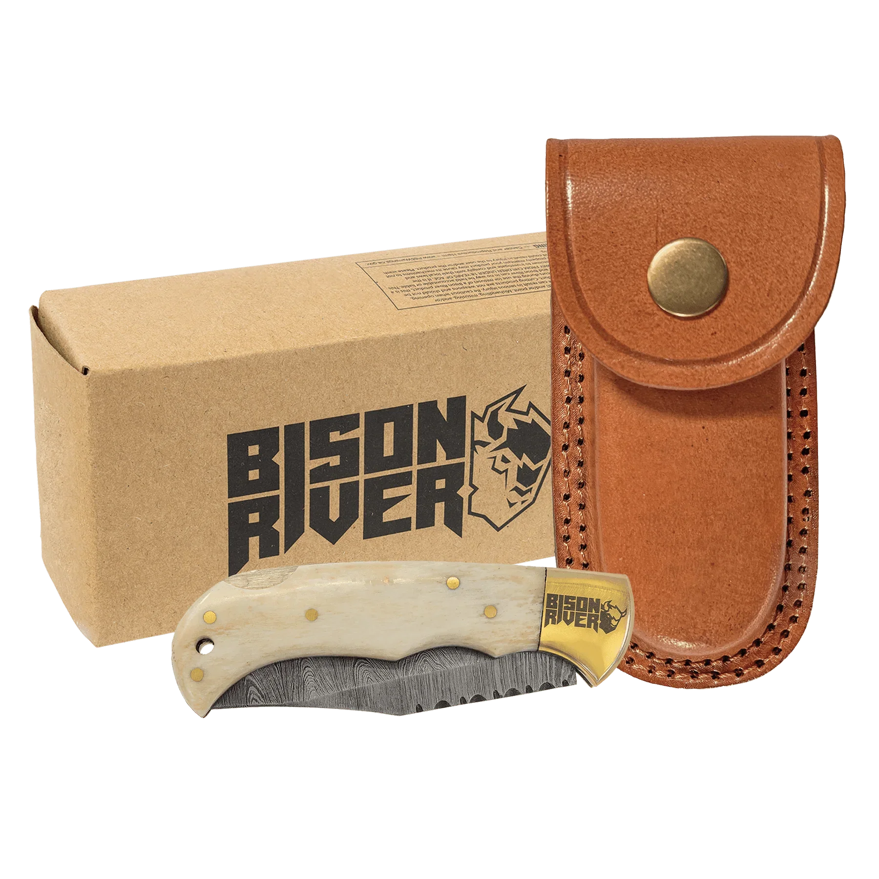 Bison River 3 3/4" Custom Engraved Bone Folding Knife with Damascus Steel Blade & Leather Sheath by 1a7704-f3.myshopify.com – Knife