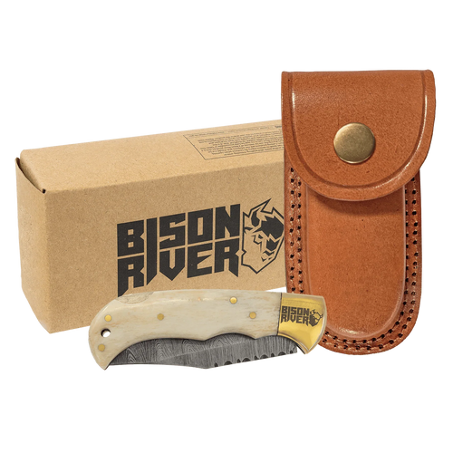 Bison River 3 3/4" Custom Engraved Bone Folding Knife with Damascus Steel Blade & Leather Sheath by 1a7704-f3.myshopify.com – Knife