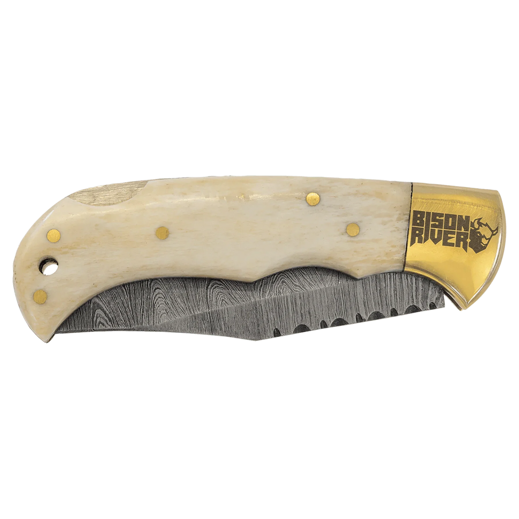 Bison River 3 3/4" Custom Engraved Bone Folding Knife with Damascus Steel Blade & Leather Sheath by 1a7704-f3.myshopify.com – Knife