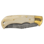Bison River 3 3/4" Custom Engraved Bone Folding Knife with Damascus Steel Blade & Leather Sheath by 1a7704-f3.myshopify.com – Knife