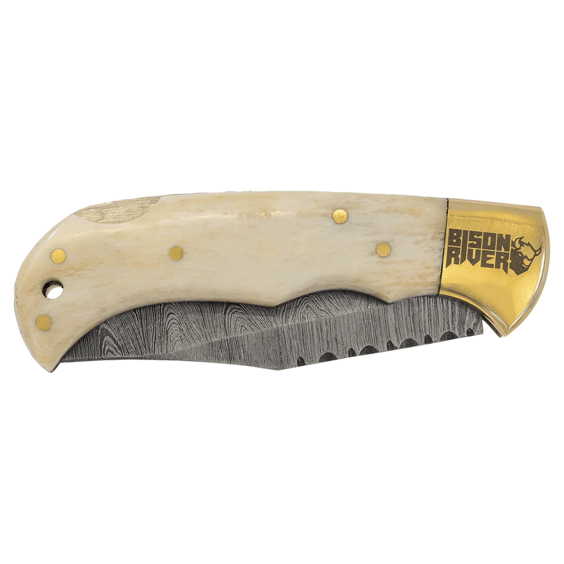 Bison River 3 3/4" Custom Engraved Bone Folding Knife with Damascus Steel Blade & Leather Sheath by 1a7704-f3.myshopify.com – Knife