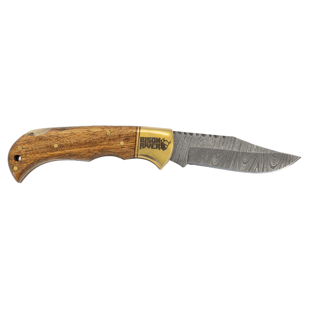 Bison River 3 3/4" Custom Engraved Wood Folding Knife with Damascus Steel Blade & Leather Sheath by 1a7704-f3.myshopify.com – Knife