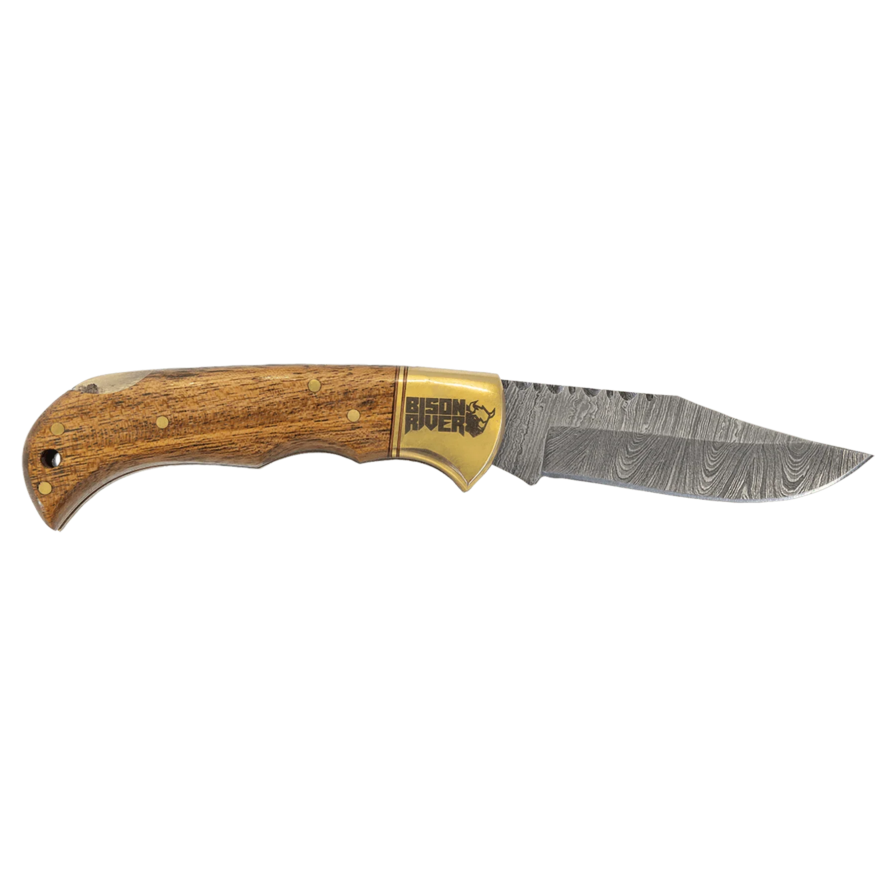Bison River 3 3/4" Custom Engraved Wood Folding Knife with Damascus Steel Blade & Leather Sheath by 1a7704-f3.myshopify.com – Knife