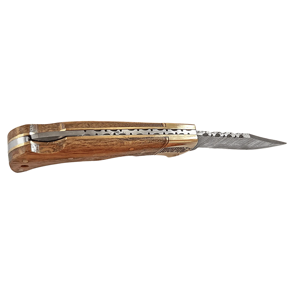 Bison River 3 3/4" Custom Engraved Wood Folding Knife with Damascus Steel Blade & Leather Sheath by 1a7704-f3.myshopify.com – Knife