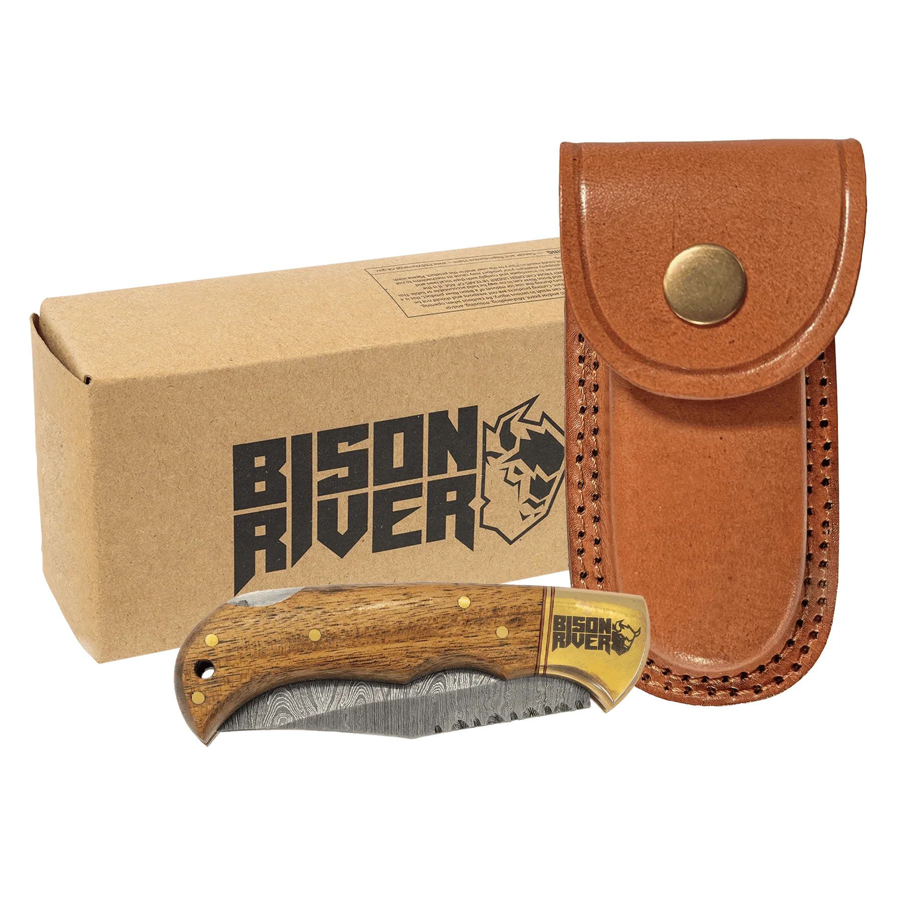 Bison River 3 3/4" Custom Engraved Wood Folding Knife with Damascus Steel Blade & Leather Sheath by 1a7704-f3.myshopify.com – Knife