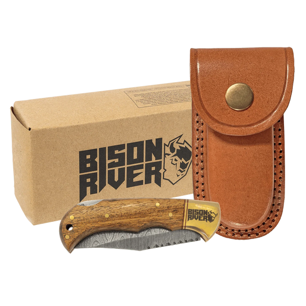 Bison River 3 3/4" Custom Engraved Wood Folding Knife with Damascus Steel Blade & Leather Sheath by 1a7704-f3.myshopify.com – Knife