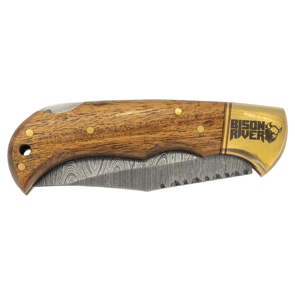 Bison River 3 3/4" Custom Engraved Wood Folding Knife with Damascus Steel Blade & Leather Sheath by 1a7704-f3.myshopify.com – Knife