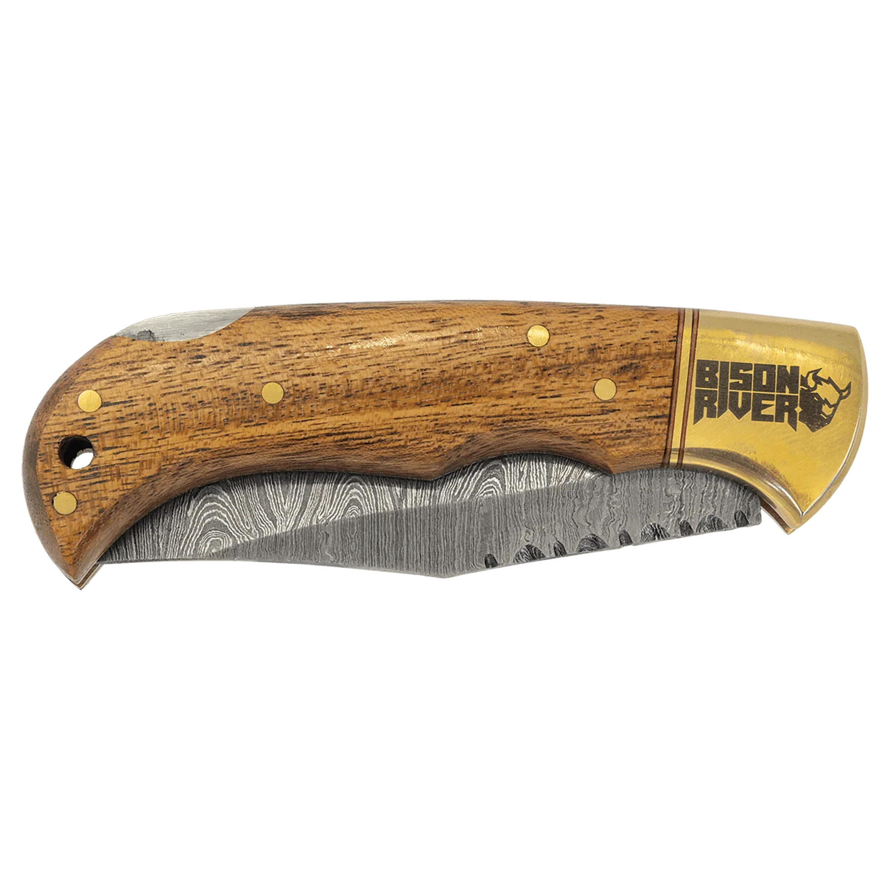 Bison River 3 3/4" Custom Engraved Wood Folding Knife with Damascus Steel Blade & Leather Sheath by 1a7704-f3.myshopify.com – Knife