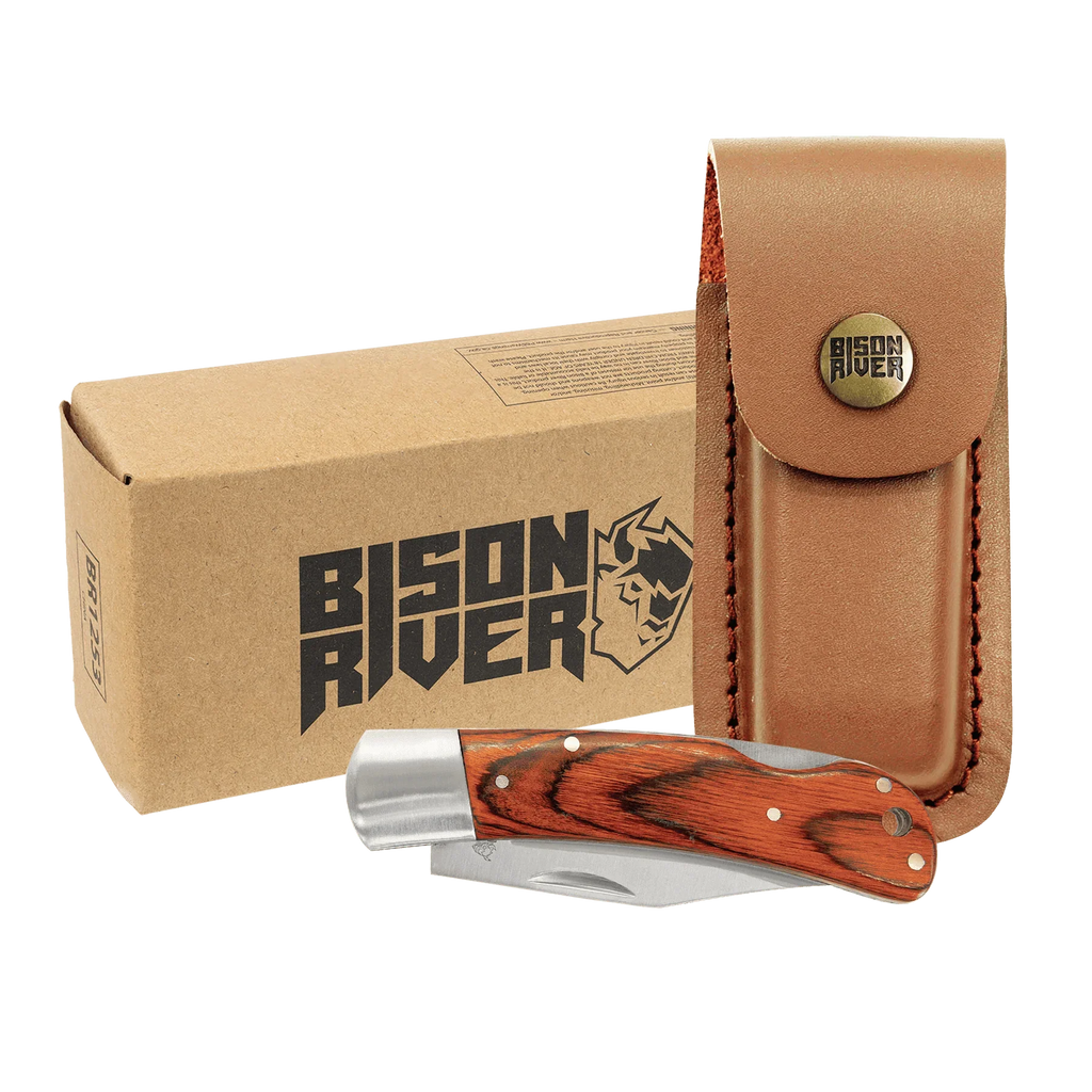 Bison River 4" Custom Engraved Wood Folding Knife with Leather Sheath by 1a7704-f3.myshopify.com – Knife