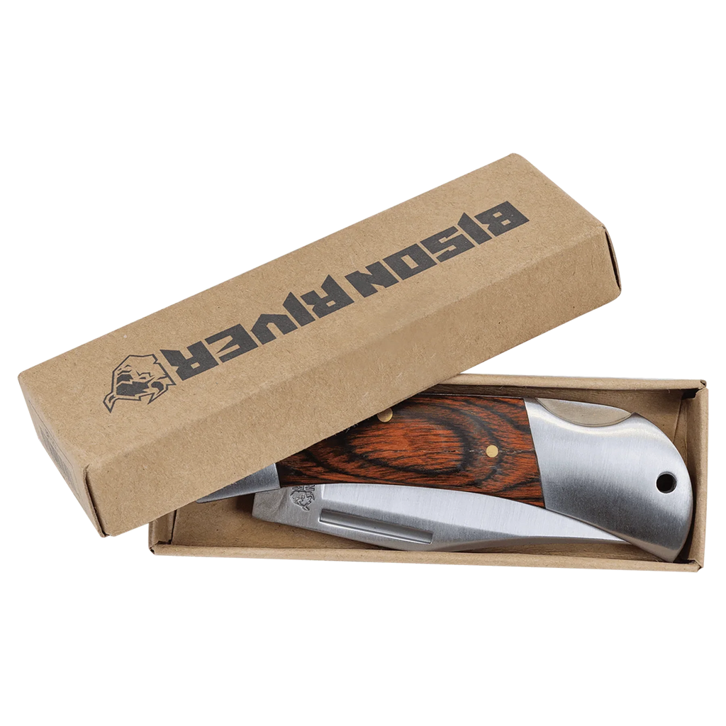 Bison River 3 1/2" Custom Engraved Wood Folding Knife by 1a7704-f3.myshopify.com – Knife