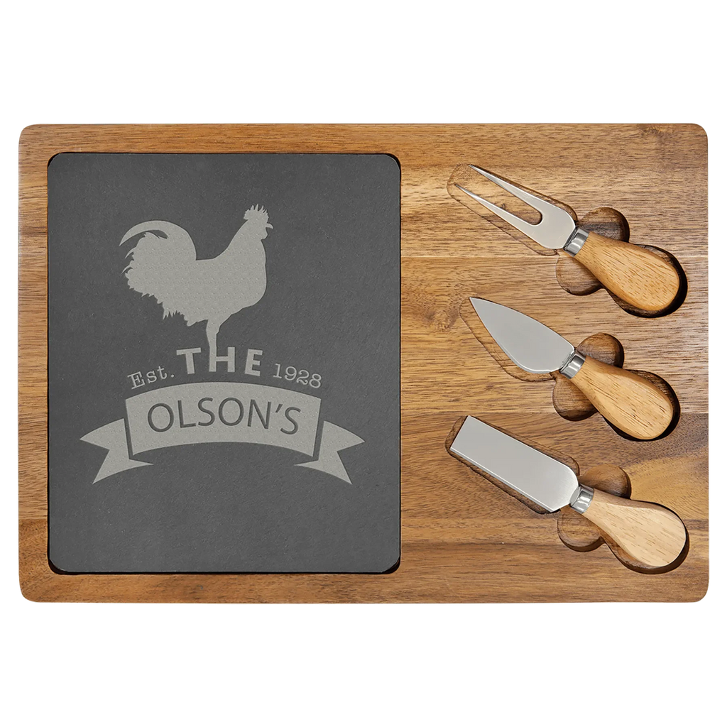 Custom Engraved 13 3/4" x 9 3/4" Acacia Wood & Slate Cheese Set with Three Tools by 1a7704-f3.myshopify.com – Cheese Board