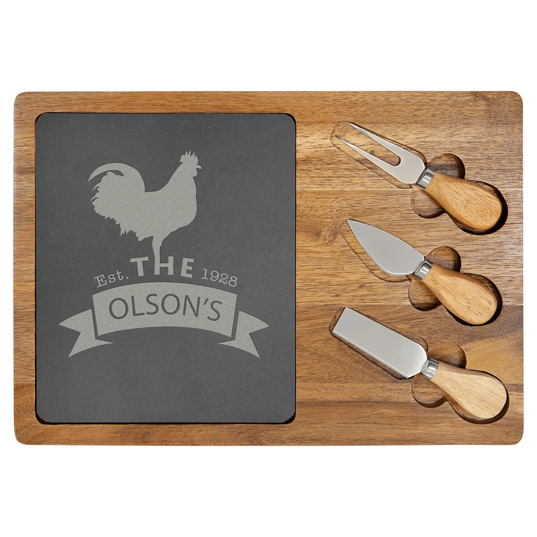 Custom Engraved 13 3/4" x 9 3/4" Acacia Wood & Slate Cheese Set with Three Tools by 1a7704-f3.myshopify.com – Cheese Board