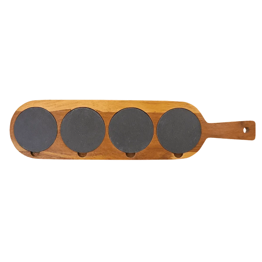 Custom Engraved 18 1/2" x 4 1/4" Acacia Wood & Slate Serving Board with Removable Coasters