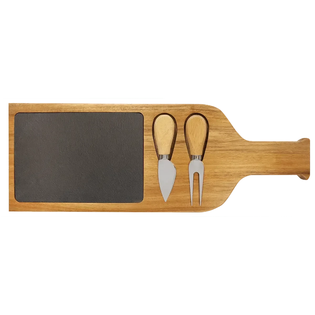 Custom Engraved 17 1/2" x 6" Acacia Wood & Slate Serving Board with Two Tools