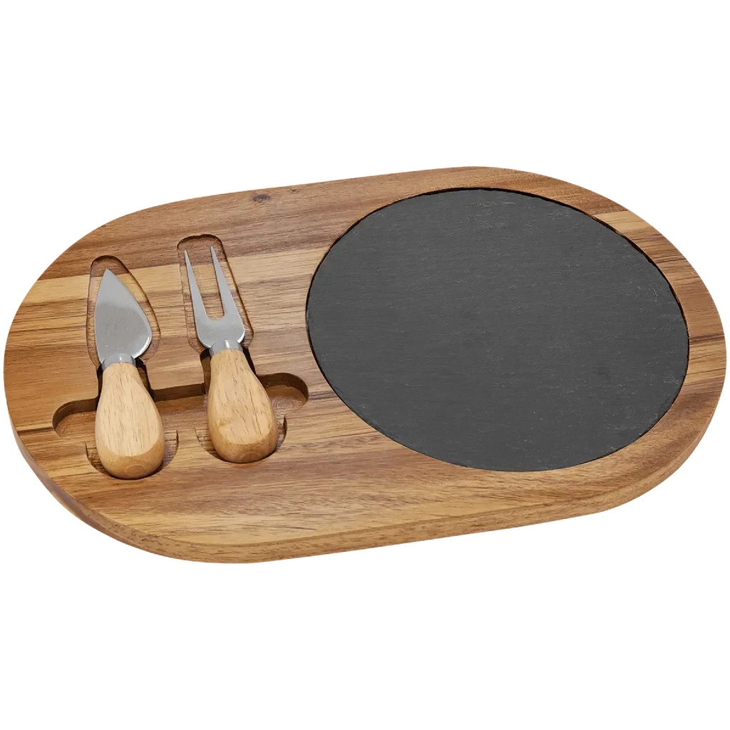 Custom Engraved 12 1/2" x 7 3/4" Acacia Wood & Slate Oval Cheese Set with Two Tools by 1a7704-f3.myshopify.com – Cheese Board