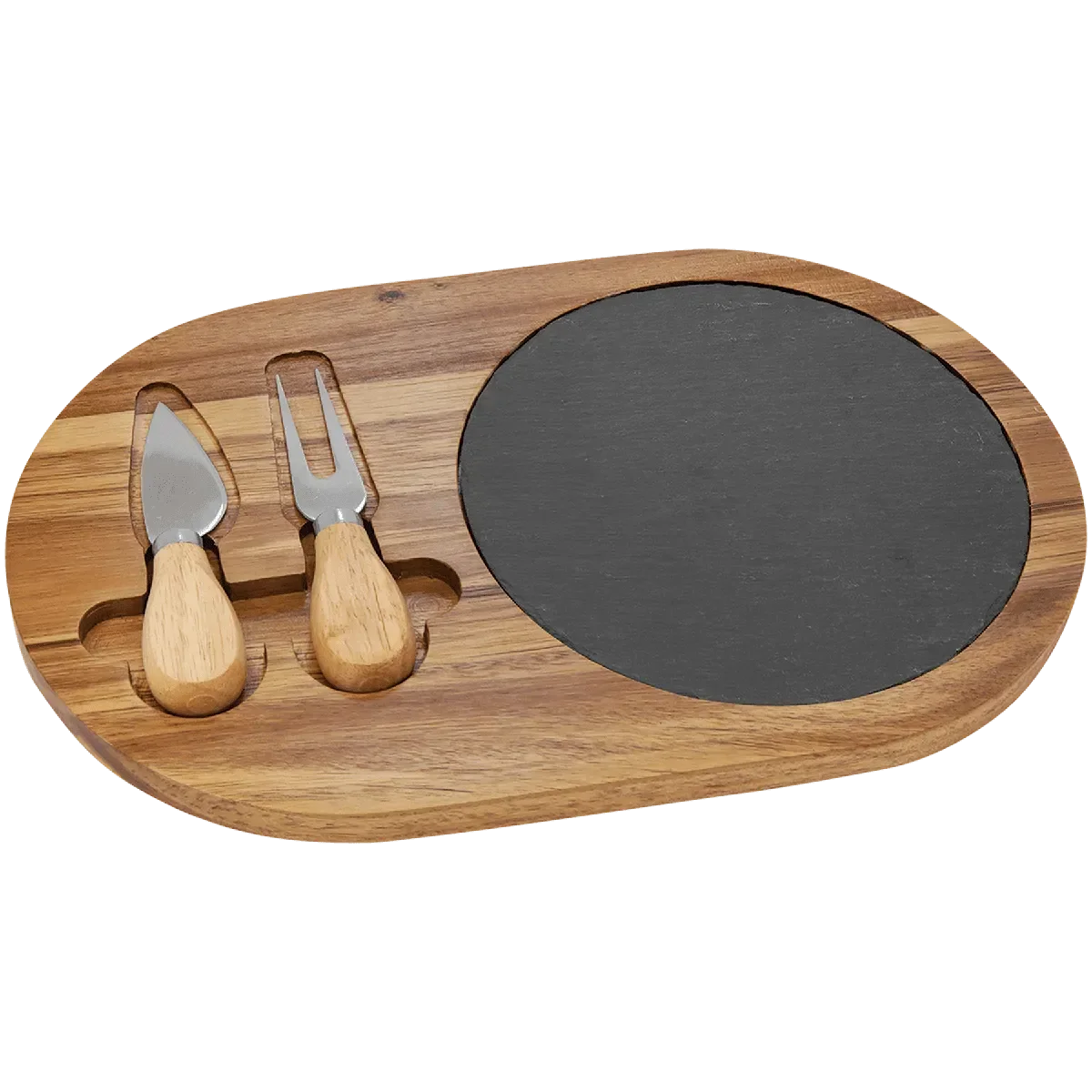 Custom Engraved 12 1/2" x 7 3/4" Acacia Wood & Slate Oval Cheese Set with Two Tools by 1a7704-f3.myshopify.com – Cheese Board