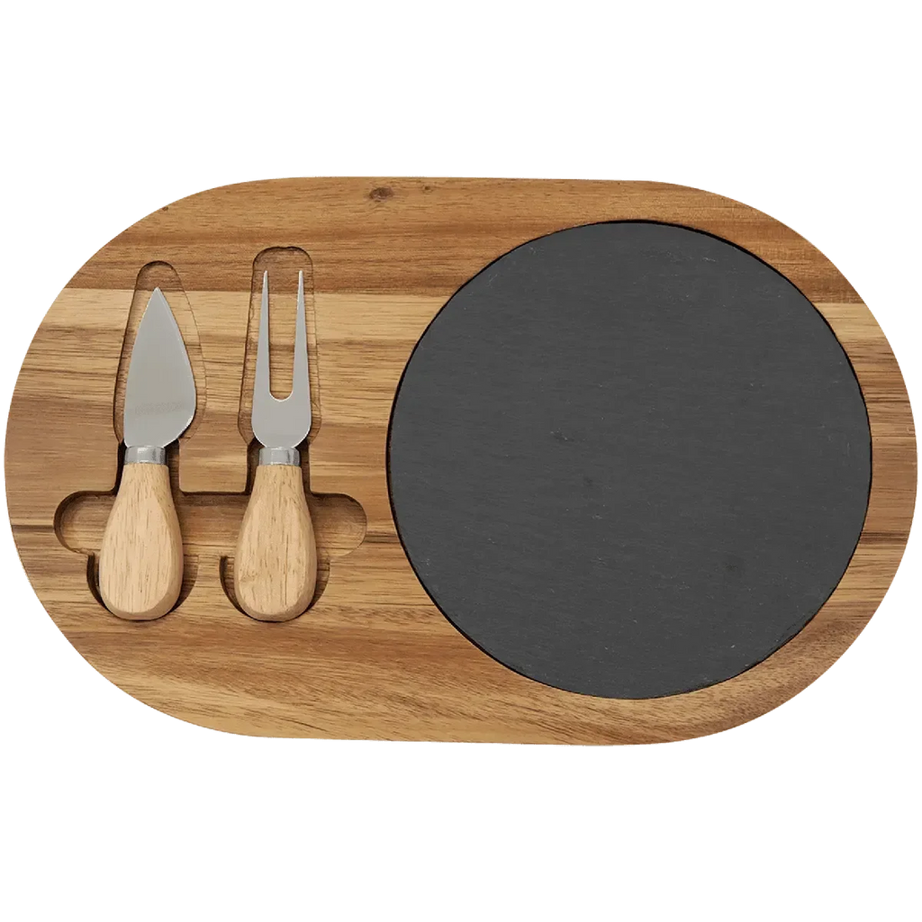Custom Engraved 12 1/2" x 7 3/4" Acacia Wood & Slate Oval Cheese Set with Two Tools by 1a7704-f3.myshopify.com – Cheese Board
