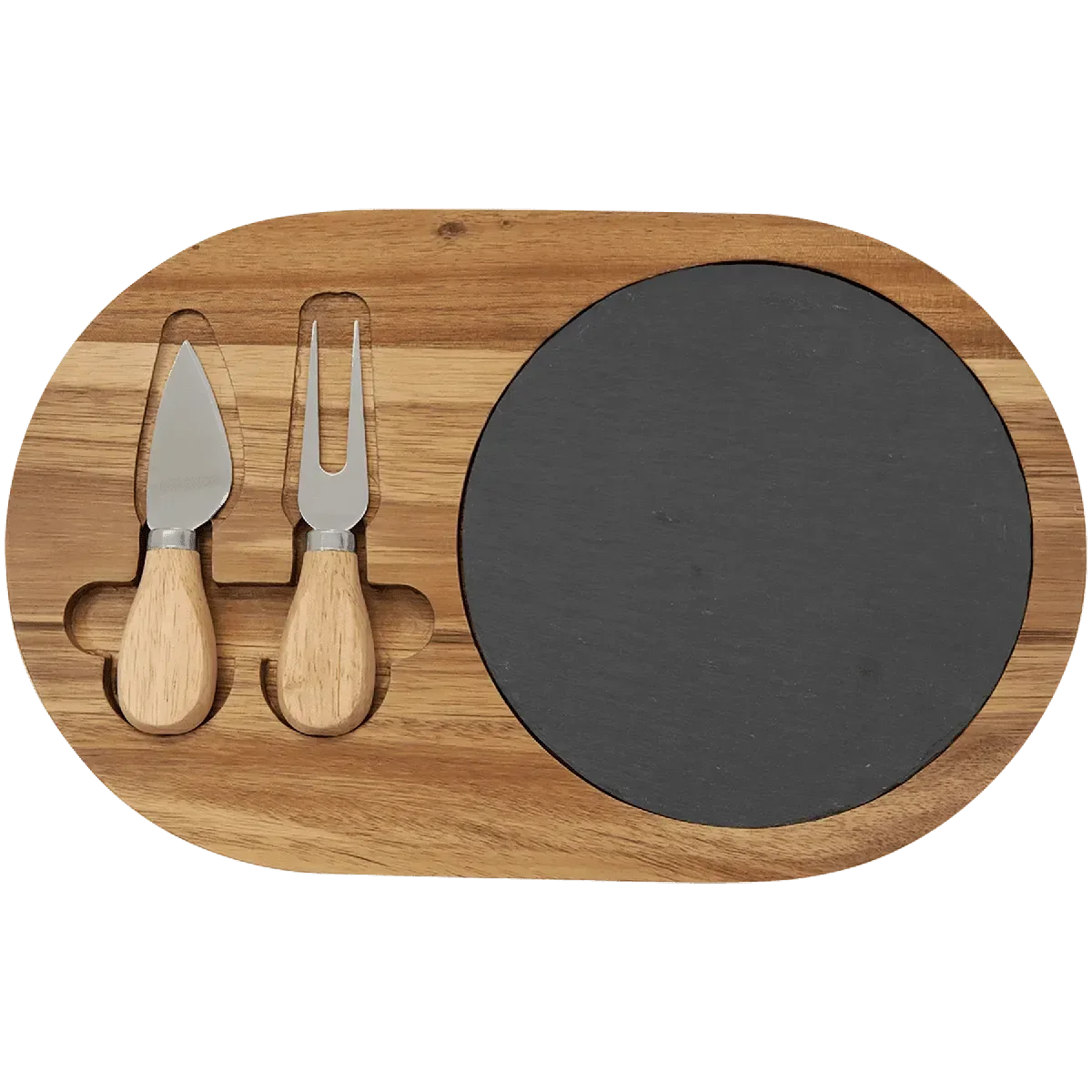 Custom Engraved 12 1/2" x 7 3/4" Acacia Wood & Slate Oval Cheese Set with Two Tools by 1a7704-f3.myshopify.com – Cheese Board