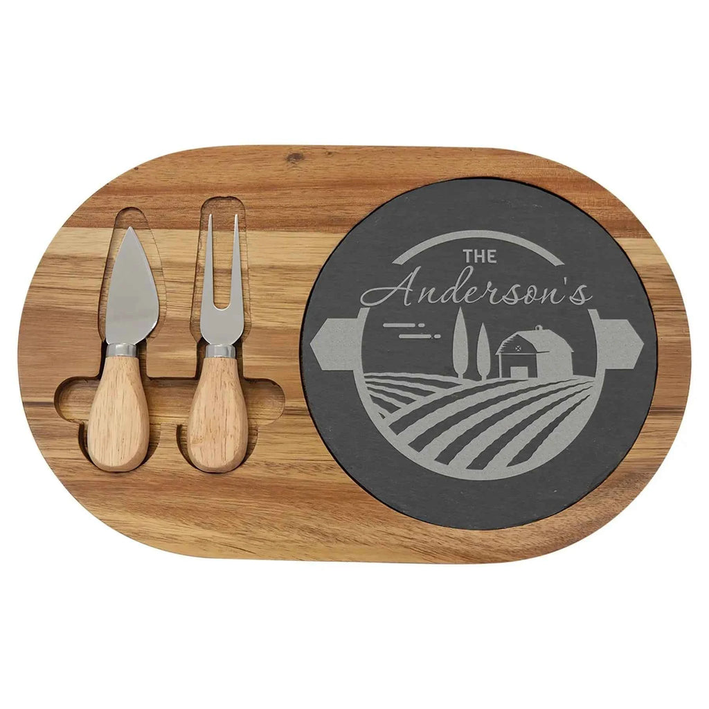 Custom Engraved 12 1/2" x 7 3/4" Acacia Wood & Slate Oval Cheese Set with Two Tools