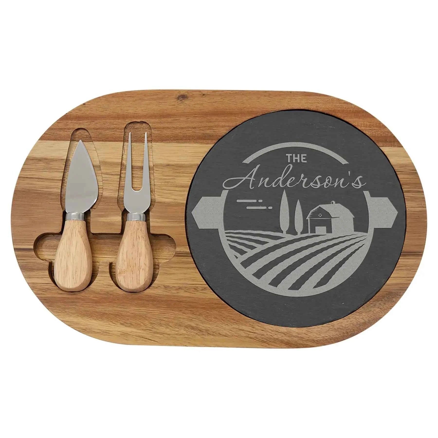 Custom Engraved 12 1/2" x 7 3/4" Acacia Wood & Slate Oval Cheese Set with Two Tools