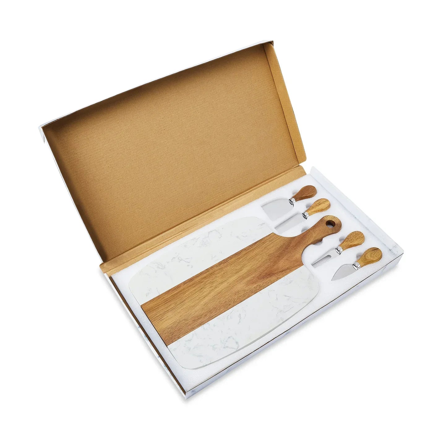 Wooden cheese board and knives set in a box on a white background
