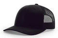 Black mesh trucker cap with curved brim on white background