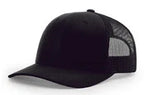 Black mesh trucker cap with curved brim on white background